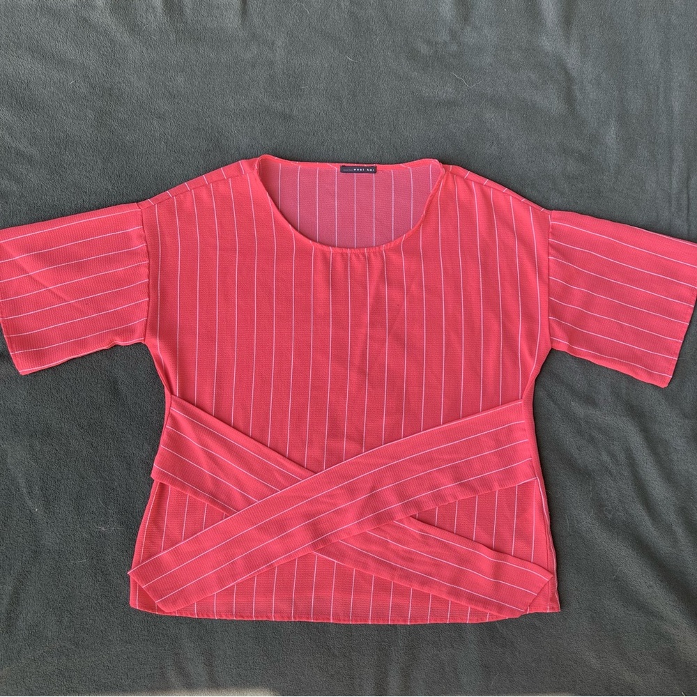Bright Coral with White Stripes Blouse with Waist Tie
